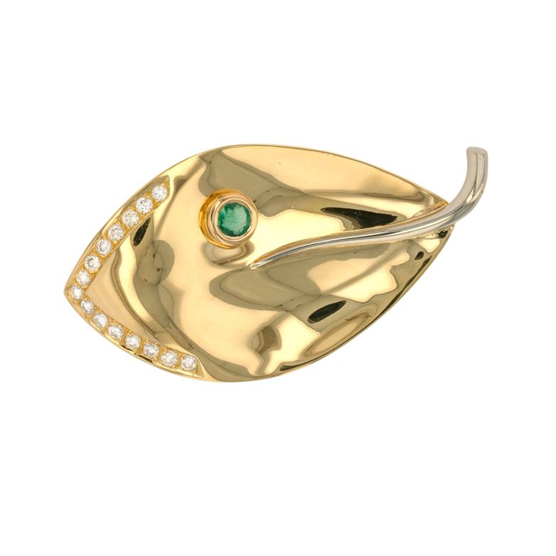 Broche vintage émeraude 0.15 carat et diamants 0.30 carat or jaune 9.83g Comme neuf -  reconditionné disponible sur Gemme Les Bijoux